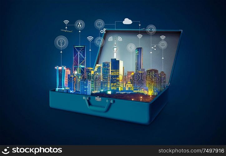 Smart city with smart services and icons, internet of things, networks in an open retro vintage suitcase isolated on blue background .