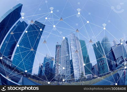 Smart cityscape and network connection concept, wireless signal of internet in high building city. Internet connection, E-commerce and social concept.