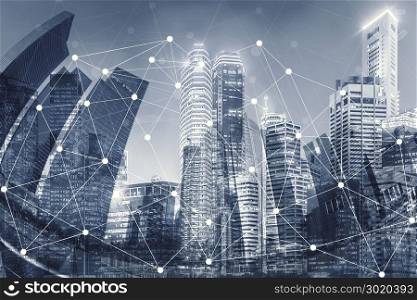 Smart cityscape and network connection concept, wireless signal of internet in high building city. Internet connection, E-commerce and social concept.