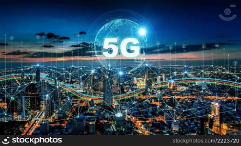 Smart connection network system, smart city network concept, 5G wireless connection.