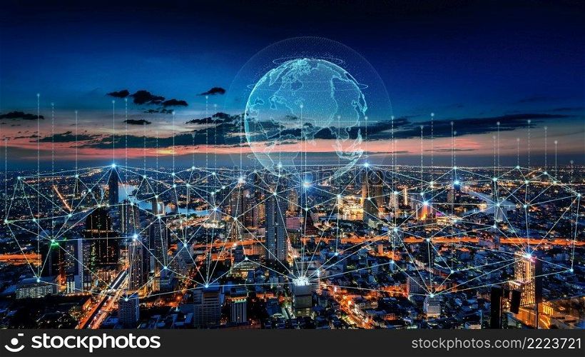 Smart connection network system, smart city network concept, 5G wireless connection.