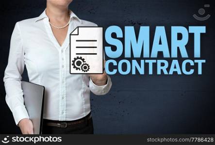 Smart Contract touchscreen is shown by businesswoman.. Smart Contract touchscreen is shown by businesswoman