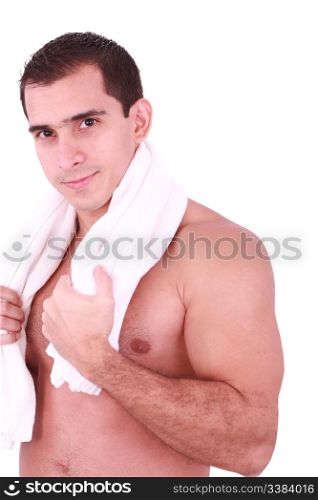 Smart cute attractive guy toweling hair and body skin