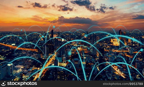 Smart digital city with globalization abstract graphic showing connection network . Concept of future 5G smart wireless digital city and social media networking systems .