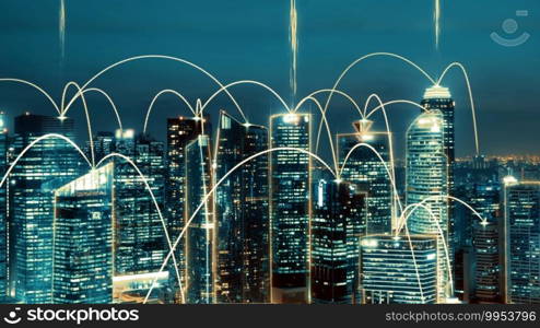 Smart digital city with globalization abstract graphic showing connection network . Concept of future 5G smart wireless digital city and social media networking systems .