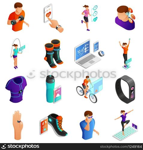 Smart Digital Devices for Fitness Isometric Vector Set Isolated on White Background. People Doing Sports, Using Electronics Gadgets for Physical Activity and Healthy Lifestyle Control Illustration