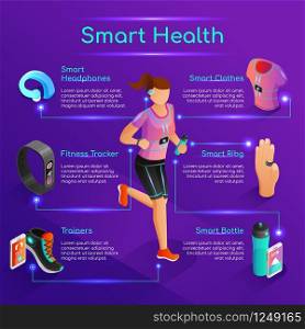 Smart Digital Gadgets for Fitness Exercises and Healthy Lifestyle 3d Isometric Vector Banner or Poster with Running Woman in Sportswear Using Various Electronic Devices for Efficient Physical Training