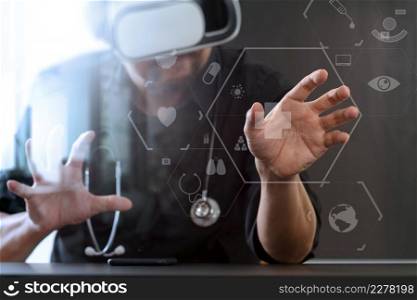 smart doctor wearing virtual reality goggles in modern office with mobile phone using with VR headset with screen icon diagram