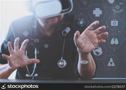 smart doctor wearing virtual reality goggles in modern office with mobile phone using with VR headset with screen icon diagram
