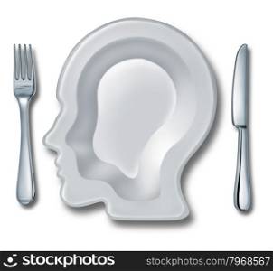 Smart eating and recipe menu planning with a white ceramic plate in the shape of a human head as an intelligent food guide concept for healthy living and dieting choices.