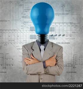 smart engineer with blue lightbulb head with electrical diagram as concept