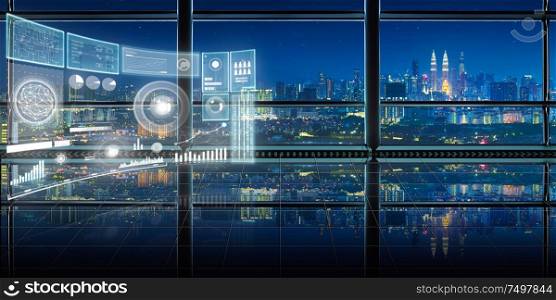 Smart financial analytics virtual screen with big data ,graph ,connections icon, internet of things at empty and clean office interior with glass windows and city skyline background , night scene .