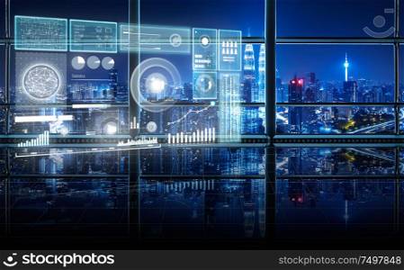 Smart financial analytics virtual screen with big data ,graph ,connections icon, internet of things at empty and clean office interior with glass windows and city skyline background , night scene .