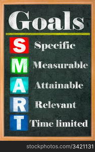 Smart goal setting colorful letters on grungy blackboard