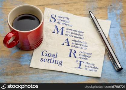 smart goal setting concept - handwriting on a napkin with a cup of espresso coffee