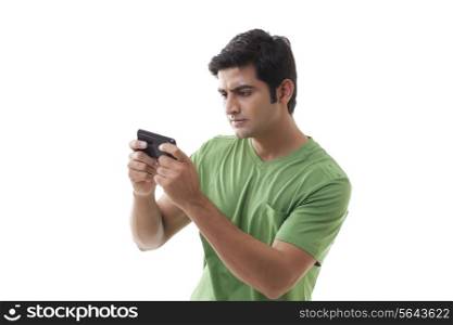 Smart guy reading text message over white background