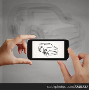 Smart hand using touch screen phone take photo of Car icon as concept