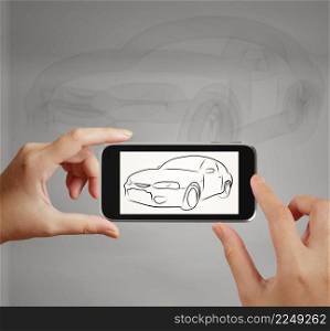 Smart hand using touch screen phone take photo of Car icon as concept