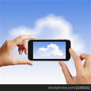 Smart hand using touch screen phone take photo of cloud icon as concept