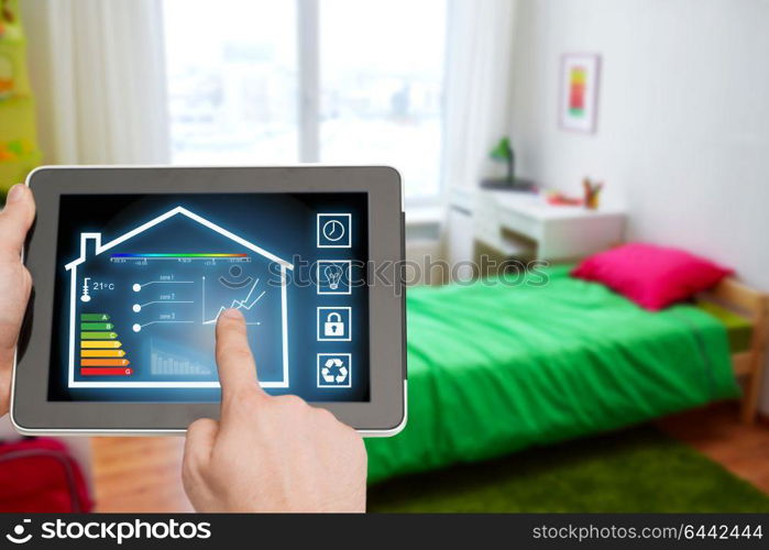 smart home and technology concept - close up of male hands pointing finger to tablet pc computer with house settings on screen over kids room background. tablet pc with smart home settings on screen