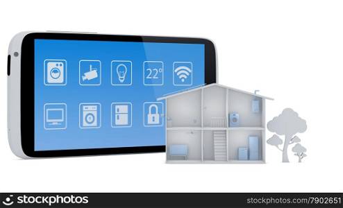 Smart house concept with smartphone app control panel - 3D Render