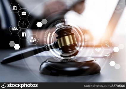 Smart law, legal advice icons and lawyer working tools in the lawyers office showing concept of digital law and online technology of astute law and regulations .. Smart law, legal advice icons and astute lawyer working tools in lawyers office