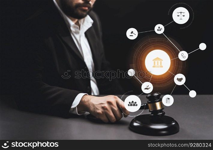Smart law, legal advice icons and lawyer working tools in the lawyers office showing concept of digital law and online technology of astute law and regulations .. Smart law, legal advice icons and astute lawyer working tools in lawyers office