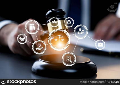 Smart law, legal advice icons and lawyer working tools in the lawyers office showing concept of digital law and online technology of astute law and regulations .. Smart law, legal advice icons and astute lawyer working tools in lawyers office