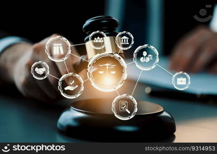 Smart law, legal advice icons and lawyer working tools in the lawyers office showing concept of digital law and online technology of astute law and regulations .. Smart law, legal advice icons and astute lawyer working tools in lawyers office