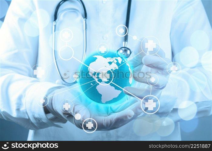 smart medical doctor hand showing network with bokeh exposure as medical network and media concept