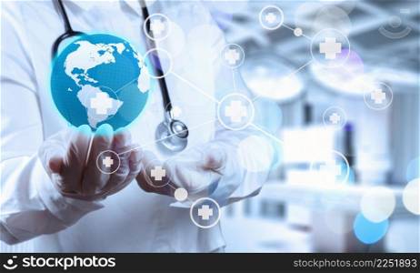 smart medical doctor hand showing network with bokeh exposure as medical network and media concept