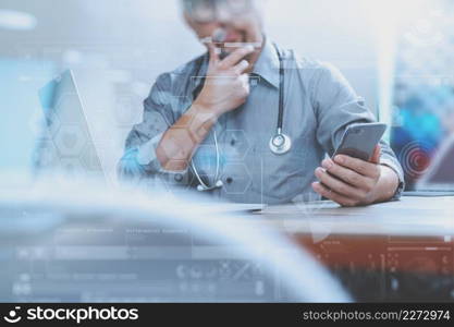 smart medical doctor hand working with smart phone,digital tablet computer,stethoscope eyeglass,digital screen graphic virtual icons,graph,diagram