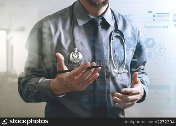 smart medical doctor holding digital tablet computer,stethoscope ,front view,filter effect,business strategy icons interface