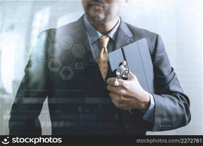 smart medical doctor holding digital tablet computer,stethoscope,front view,filter effect,business strategy icons interface