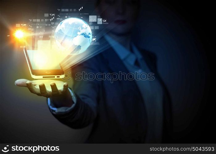 Smart phone. Application icons in human hand. Wireless technologies