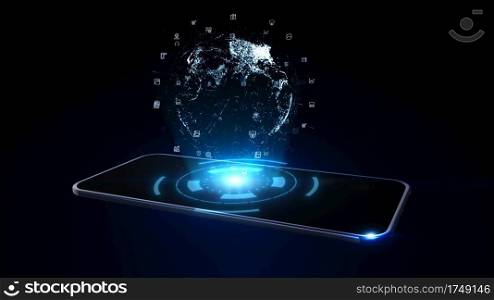 Smart Phone of 5g High-Speed Connection, Technology Network Digital Data and Social network worldwide Connection Background Concept. 3D rendering