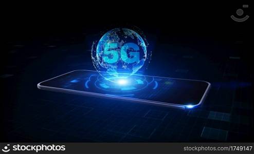 Smart Phone of 5g High Speed Internet Connection of Internet of things IOT, Technology Network Digital Data and Social network worldwide Connection Background Concept. 3D rendering