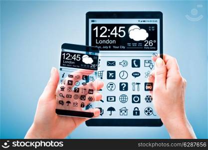 Smart phone (phablet) and tablet with a transparent display in human hands. Concept actual future innovative ideas and best technologies humanity.