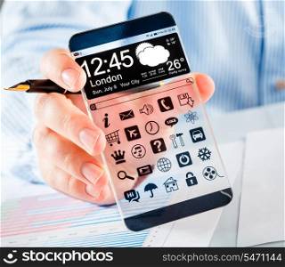 Smart phone (phablet) with a transparent display in human hands. Concept actual future innovative ideas and best technologies humanity.