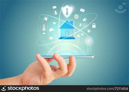 Smart phone remote for smart home hologram technology concept idea.