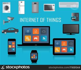 Smart phone, Tablet, Laptop, Smartwatch and Internet of things concept.Smart Home Technology Internet networking concept. Internet of things