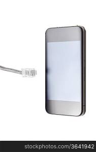 Smart phone with data cable plug over white background