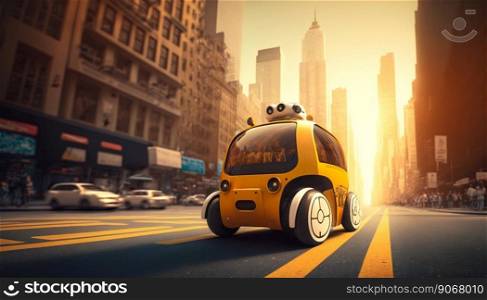 Smart robot autopilot taxi rides along city street road. Generative AI. High quality illustration. Smart robot autopilot taxi rides along city street road. Generative AI