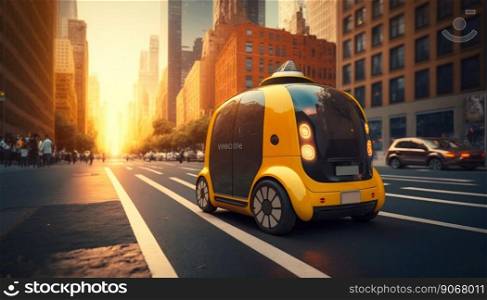 Smart robot autopilot taxi rides along city street road. Generative AI. High quality illustration. Smart robot autopilot taxi rides along city street road. Generative AI