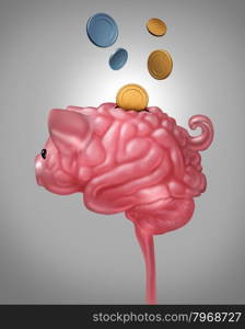 Smart saving and intelligent budget planning with a pink ceramic piggy bank shaped as a human brain with gold and silver money coins being deposited inside the three dimensional object as a financial concept.