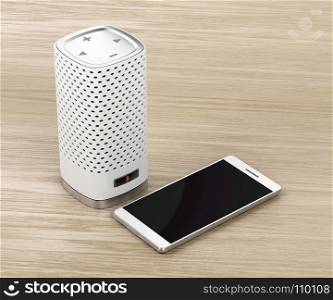 Smart speaker with integrated virtual assistant and smartphone on wood background