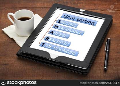 SMART (specific, measurable, agreed, realistic, time bounded) goal setting concept - a diagram on a tablet computer with stylus pen and espresso coffee cup against grunge scratched wooden table