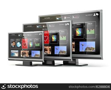 Smart TV flat screen lcd or plasma with web interface isolated on white.Digital broadcasting television. 3d