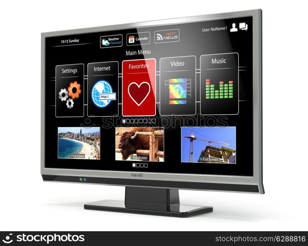 Smart TV flat screen lcd or plasma with web interface isolated on white.Digital broadcasting television. 3d