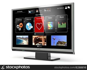 Smart TV flat screen lcd or plasma with web interface isolated on white.Digital broadcasting television. 3d